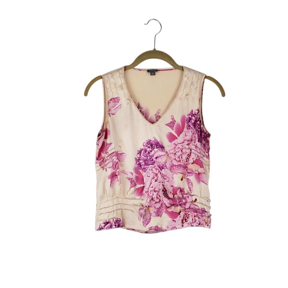 Ann Taylor Cabbage Rose Silk Top Sleeveless V-Neck Blush Pink Purple Size XSP